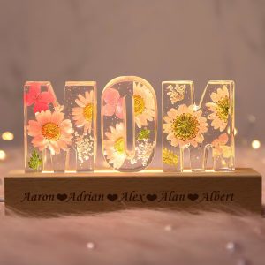 UnusualStandout #13 Gift For MOM - Personalized Custom Initial Pressed Real Flower Night Light