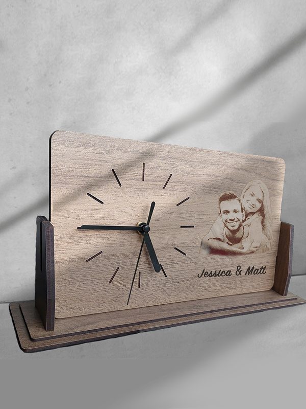 UnusualStandout #172 Personalized Engraved Family Photo Wooden Desk Clock