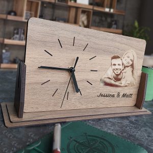 UnusualStandout #172 Personalized Engraved Family Photo Wooden Desk Clock