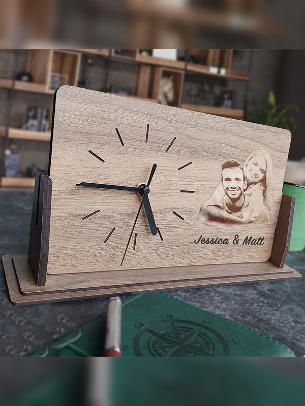 UnusualStandout #172 Personalized Engraved Family Photo Wooden Desk Clock