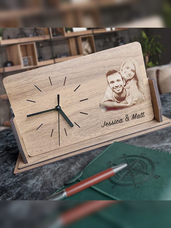 UnusualStandout #172 Personalized Engraved Family Photo Wooden Desk Clock