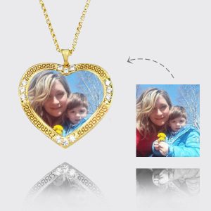 UnusualStandout #28 Personalized Heart-Shaped Picture Necklace Inlaid Gemstones