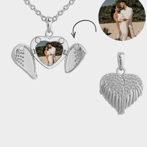 UnusualStandout #40 Angel Wing Locket Necklace Personalised Heart Locket With Photo Inside