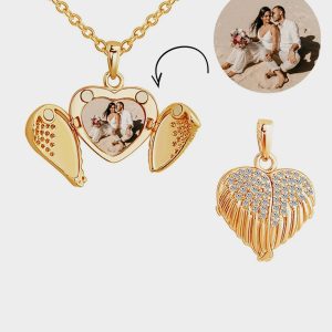 UnusualStandout #40 Angel Wing Locket Necklace Personalised Heart Locket With Photo Inside