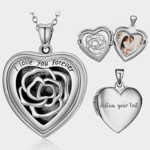 UnusualStandout #46 Sterling Silver Heart Locket Necklace With Picture, Locket Necklace Engraved Rose