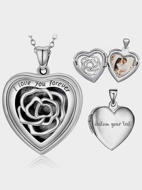 UnusualStandout #46 Sterling Silver Heart Locket Necklace With Picture, Locket Necklace Engraved Rose