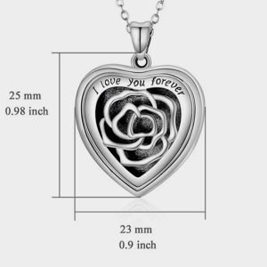 UnusualStandout #46 Sterling Silver Heart Locket Necklace With Picture, Locket Necklace Engraved Rose