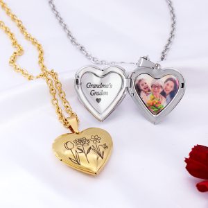 UnusualStandout #62 Personalized Heart Locket Necklace Birth Flower Necklace