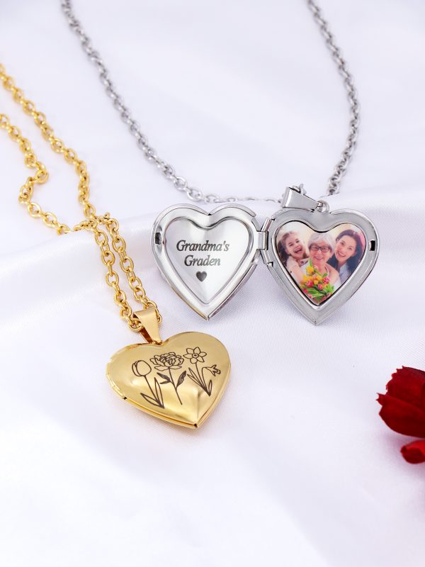 UnusualStandout #62 Personalized Heart Locket Necklace Birth Flower Necklace