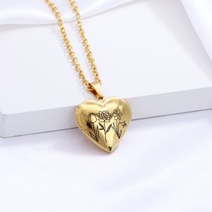 UnusualStandout #62 Personalized Heart Locket Necklace Birth Flower Necklace