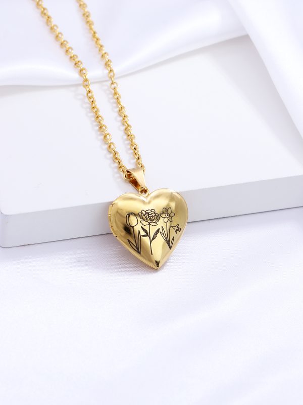 UnusualStandout #62 Personalized Heart Locket Necklace Birth Flower Necklace