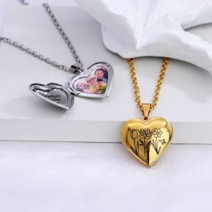 UnusualStandout #62 Personalized Heart Locket Necklace Birth Flower Necklace