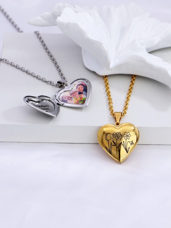 UnusualStandout #62 Personalized Heart Locket Necklace Birth Flower Necklace