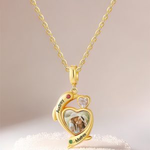 UnusualStandout #95 Personalized Name Heart Photo with Birthstone Dolphin Necklace