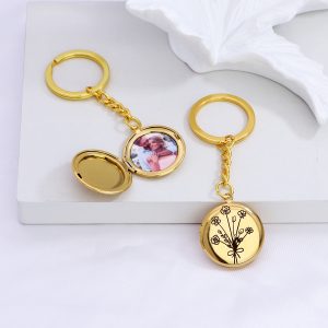 UnusualStandout #639 Personalized Combined Birth Flower Photo Locket Keychain