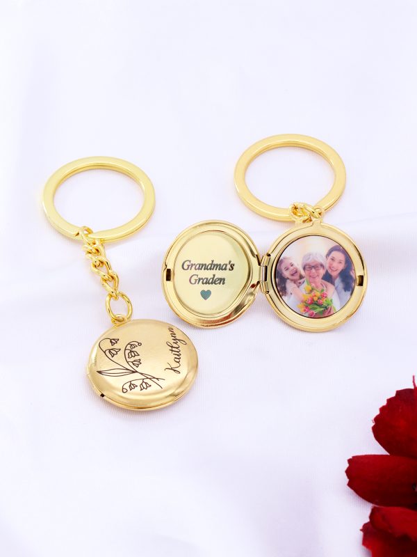 UnusualStandout #647 Personalized Birth Flower Disc Photo Locket Keychain