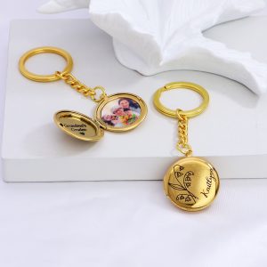 UnusualStandout #647 Personalized Birth Flower Disc Photo Locket Keychain