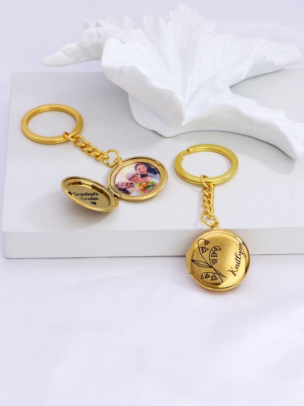 UnusualStandout #647 Personalized Birth Flower Disc Photo Locket Keychain