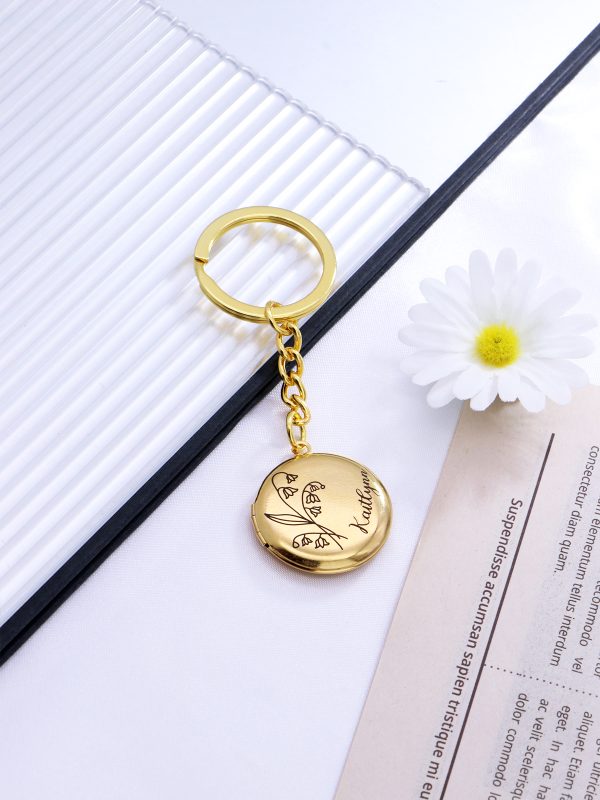 UnusualStandout #647 Personalized Birth Flower Disc Photo Locket Keychain