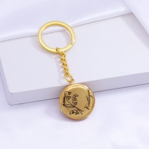 UnusualStandout #647 Personalized Birth Flower Disc Photo Locket Keychain