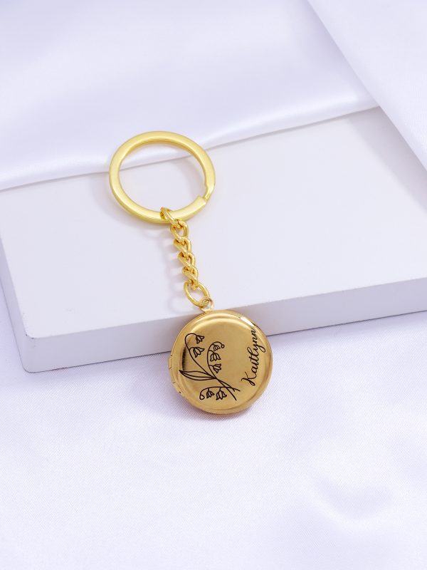 UnusualStandout #647 Personalized Birth Flower Disc Photo Locket Keychain