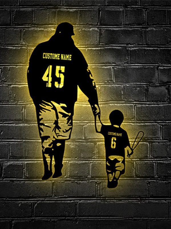 UnusualStandout #682 Personalized Father Son Baseball Metal Wall Art Led Light