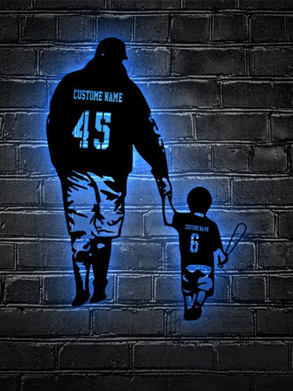 UnusualStandout #682 Personalized Father Son Baseball Metal Wall Art Led Light