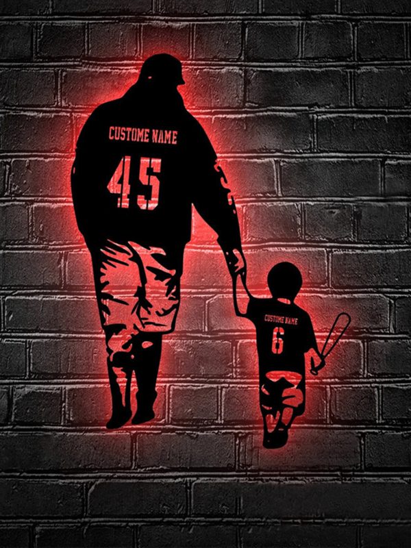 UnusualStandout #682 Personalized Father Son Baseball Metal Wall Art Led Light