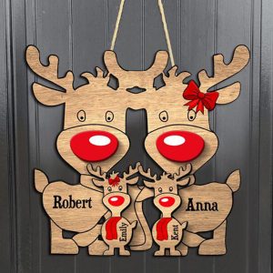 UnusualStandout #774 Personalized Christmas Reindeer Family Wooden Sign