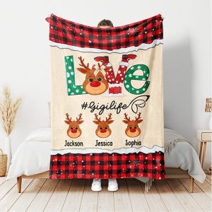 UnusualStandout #788 Personalized Reindeer Blanket with Family Names