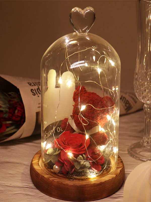 UnusualStandout #838 Personalized Valentine's Day Preserved Flower Bear Glass Shade Lamp